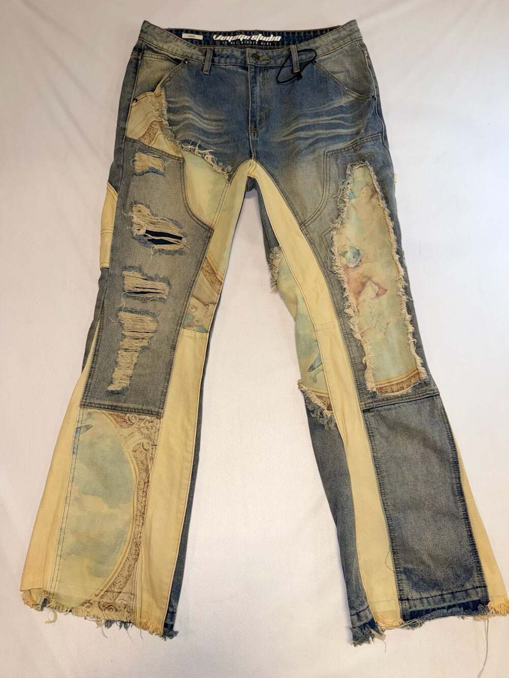 Voyage Studio Renaissance Patchwork Distressed Carpenter Jeans Size 34/33